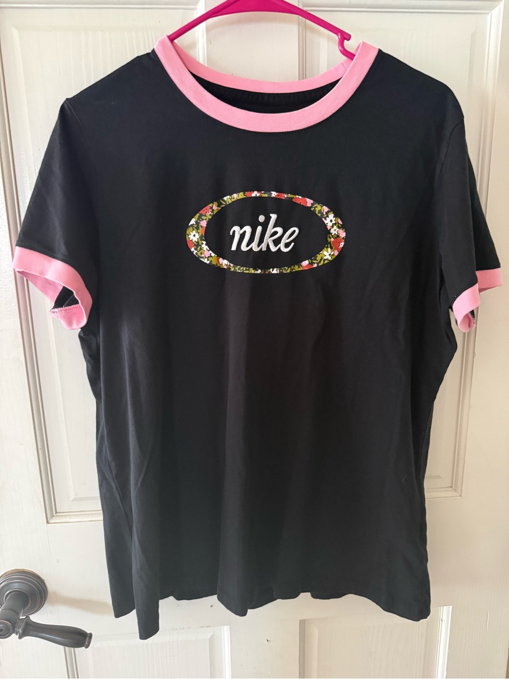 Nike Black Ringer Tee with Pink Trim and Floral Logo